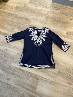 Gretchen Scott Designs Navy Tunic with White Embroidery